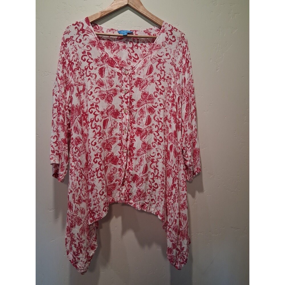 Blue Ginger Womens L Tunic Coverup Hawaiian Lightweight Tropical Pink/White